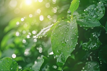 morning dew drops on leaves with sun glare nature background.