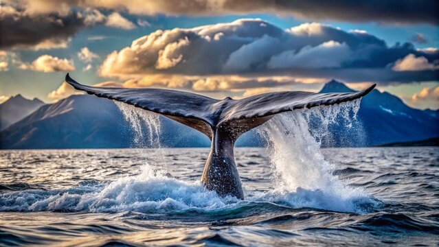 Seascape with Whale tail. The humpback whale (Megaptera novaeangliae) tail