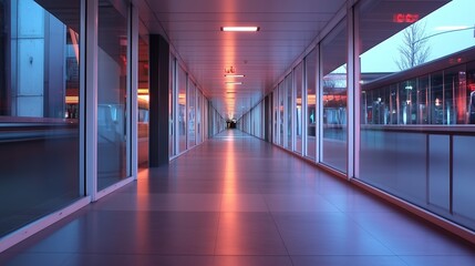 Poster - long corridor with glass walls illuminated by soft light in a modern building during evening hours