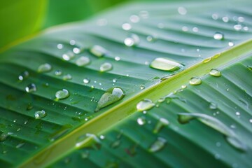 Wall Mural - morning dew on banana leaf nature background for designers.