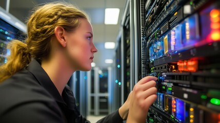 Poster - Technician managing server equipment in a data center during a busy workday