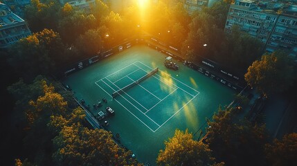 Wall Mural - Aerial view of a tennis court at sunset.
