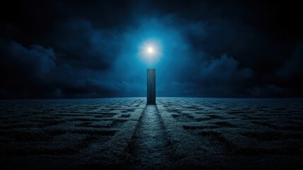 Wall Mural - A solitary monolith illuminated by a bright light, set against a dark, moody landscape with a textured ground and clouds in the background.