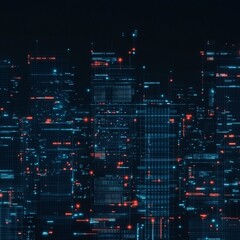 Poster - Abstract digital city skyline with glowing lines and data streams.