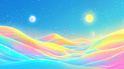Wall Mural - Colorful abstract landscape with vibrant waves and celestial bodies, creating dreamy atmosphere. soft gradients and bright colors evoke sense of wonder and tranquility