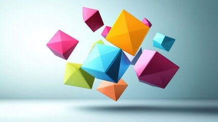 Fototapete - Abstract 3D geometric shapes in vibrant colors floating against a minimalist background, creating a modern, visually engaging graphic design