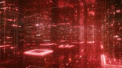 Poster - Abstract digital grid with interconnected nodes and glowing lights, representing data flow and high-tech communications