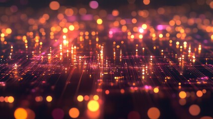 Poster - Abstract digital grid with interconnected nodes and glowing lights, representing data flow and high-tech communications