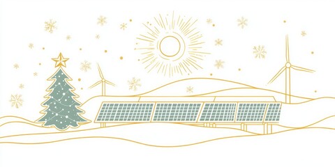 Wall Mural - A minimalist line-art holiday card design, featuring renewable energy elements