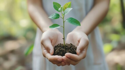 Wall Mural - Hands gently holding a small green plant and soil, a symbol of hope and new beginnings.