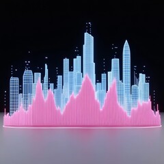 Poster - Futuristic city skyline with pink data graph.