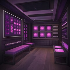 Poster - Futuristic control room with purple lighting, screens, and benches.