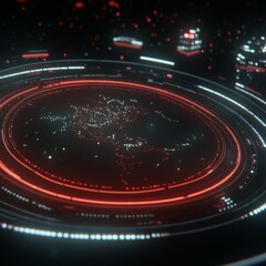 Poster - Futuristic digital world map interface with glowing red and white rings.