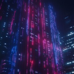 Poster - Futuristic skyscraper at night, illuminated with vibrant pink and blue neon lights.