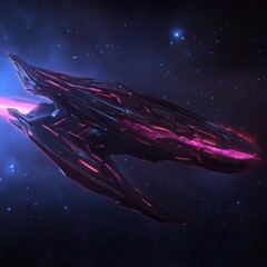 Poster - Futuristic spaceship traveling through space, emitting pink light.