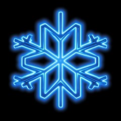 Poster - Glowing blue neon snowflake on black background.