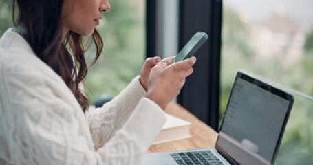 Aufkleber - Hands, home office and smartphone for typing, connection and communication for research or schedule. Female person, busy and mobile technology for texting, network or scroll as remote work for agency
