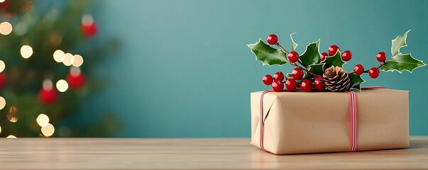 Wall Mural - Making holidays festive concept. A beautifully wrapped Christmas gift adorned with holly and pinecone on a wooden table.