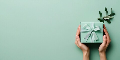 Making holidays festive concept. A person holds a green gift box with a ribbon against a soft green background.