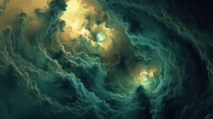 Poster - Bright, colorful smoke clouds in green and yellow tones, swirling and mixing on a dark background for a striking visual