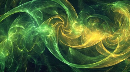 Poster - Bright, colorful smoke clouds in green and yellow tones, swirling and mixing on a dark background for a striking visual