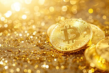 Poster - Golden Bitcoins on a gold background .Photo new virtual money 