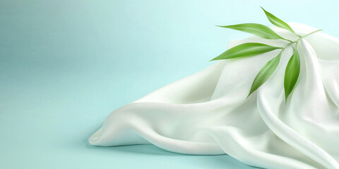 Poster - Soft white fabric draped with green bamboo leaves on light blue background