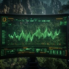 Poster - Green data graph displayed on a computer monitor, set against a scenic background of mountains and lush vegetation.