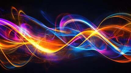 Fototapete - Dynamic wave lines in neon colors on a dark background, forming an abstract graphic pattern that represents motion and energy