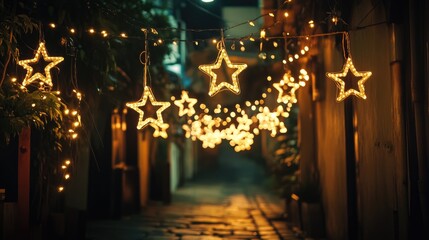 Poster - Festive Christmas lights in the shape of stars hanging across a dark alleyway, casting a warm and inviting glow that contrasts with the cool night