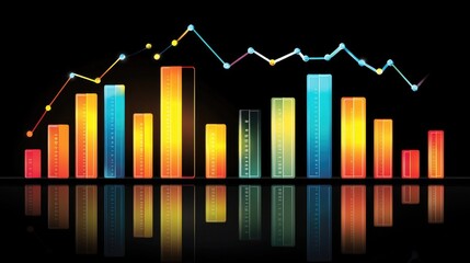 Financial bar graphs in varying colors, layered on a glossy black background, creating a professional and modern look