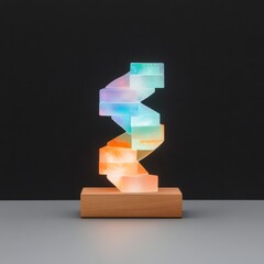 Poster - Illuminated translucent blocks forming a spiral on wooden base.