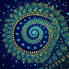 Wall Mural - intricate teal and gold spiral fractal art on dark blue background.