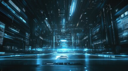 Poster - Futuristic digital grid with interconnected lines and nodes in blue tones, symbolizing technology and modern graphics