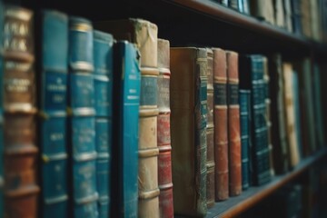 Wall Mural - Blurry books on library bookshelf background.