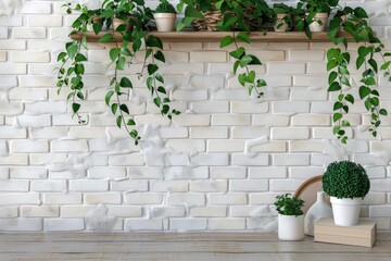 Wall Mural - bookcase with evergreen plants over white brick wall with copy space