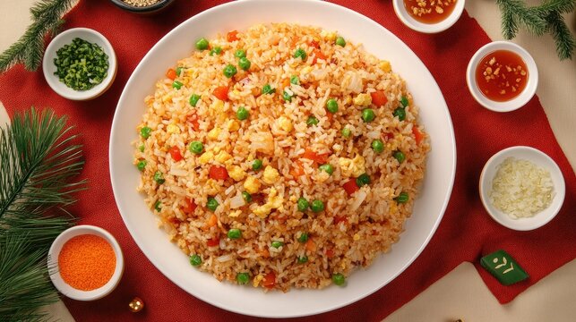 Overhead view of a festive table with a large serving of American fried rice, surrounded by small bowls of condiments and garnishes for a family meal
