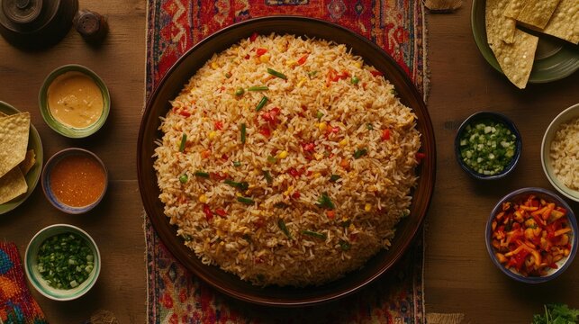 Overhead view of a festive table with a large serving of American fried rice, surrounded by small bowls of condiments and garnishes for a family meal