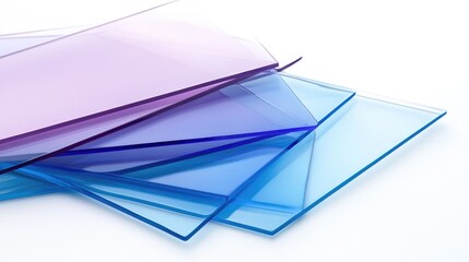 Poster - overlapping translucent shapes in blue and purple hues on a clean white background, creating a moder