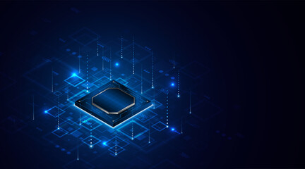 Leinwandbilder - Microchip processor circuit board technology on dark blue background. Information Processing Concept. Circuit board hi-tech technology background. vector illustration	