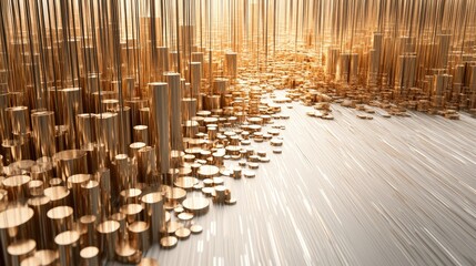Poster - Stacked 3D bar graphs in metallic tones, arranged in a pattern on a white reflective surface, highlighting complex data visualization
