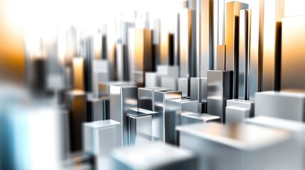 Poster - Stacked 3D bar graphs in metallic tones, arranged in a pattern on a white reflective surface, highlighting complex data visualization