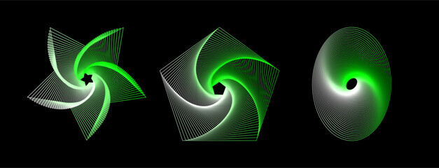 Poster - Vector set of twisted colors geometry figures. Spirals fractal element. Sacred geometry with lines and rounded corners in the form star, pentagon, oval.