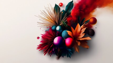 Wall Mural - Colorful abstract floral arrangement with vibrant spheres and paint splashes on white background.