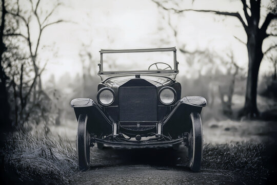 Vintage Black and White Photograph of a Classic Car on a Rural Road