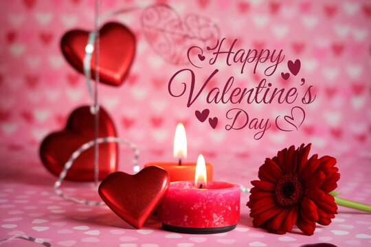 Happy valentines day greeting card banner lettering romantic red pink love heart theme background