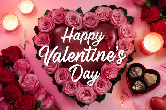 Happy valentines day greeting card banner lettering romantic red pink love heart theme background