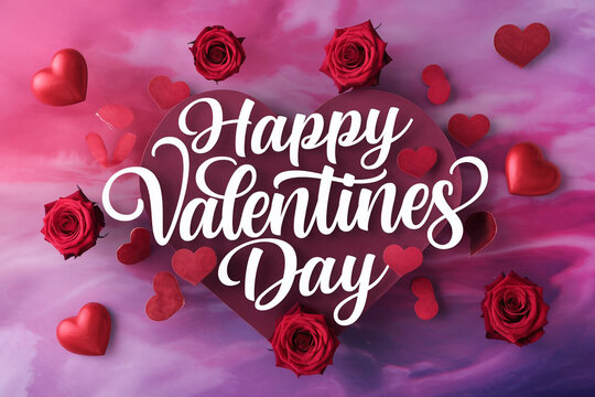 Happy valentines day greeting card banner lettering romantic red pink love heart theme background