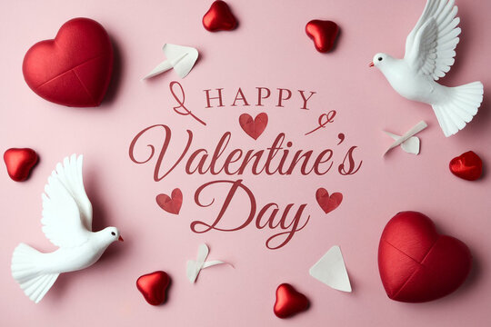 Happy valentines day greeting card banner lettering romantic red pink love heart theme background