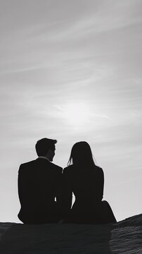 Silhouette of a couple sitting close together, leaning against each other with a peaceful sky in the background Valentine's day vertical social media concept, photo footage stories reels